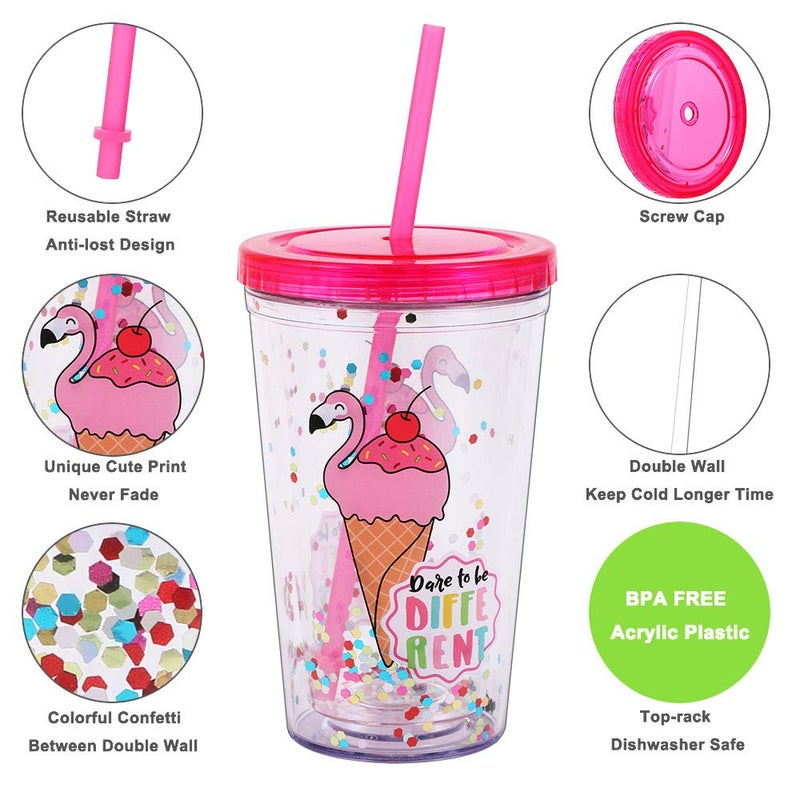 Home Tune Cute Tumbler with Lid and Straw Double Wall Insulated Acrylic Cup for Girls Women Kids, 18oz/550ml (Flamingo ice cream) - Image 2